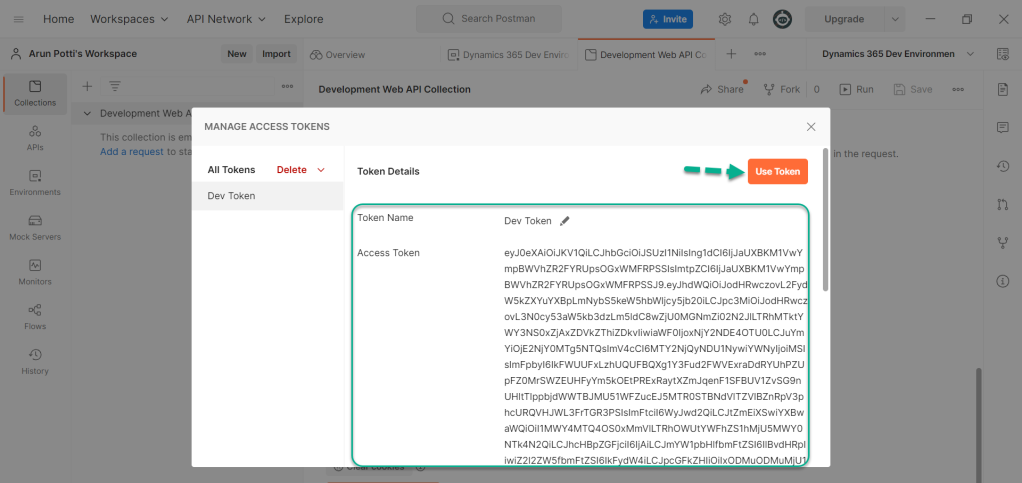 setup and connect to the Dataverse environment in Postman